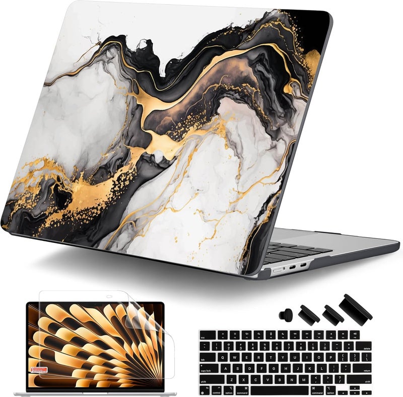 DONGKE Compatible with M4 MacBook Air 15 inch Case 2025 2024 2023 A3241 A3114 A2941 M3 M2 Liquid Retina Display Touch ID, Plastic Hard Case & Keyboard Skin & Screen Protector - Golden Marble - Image 1